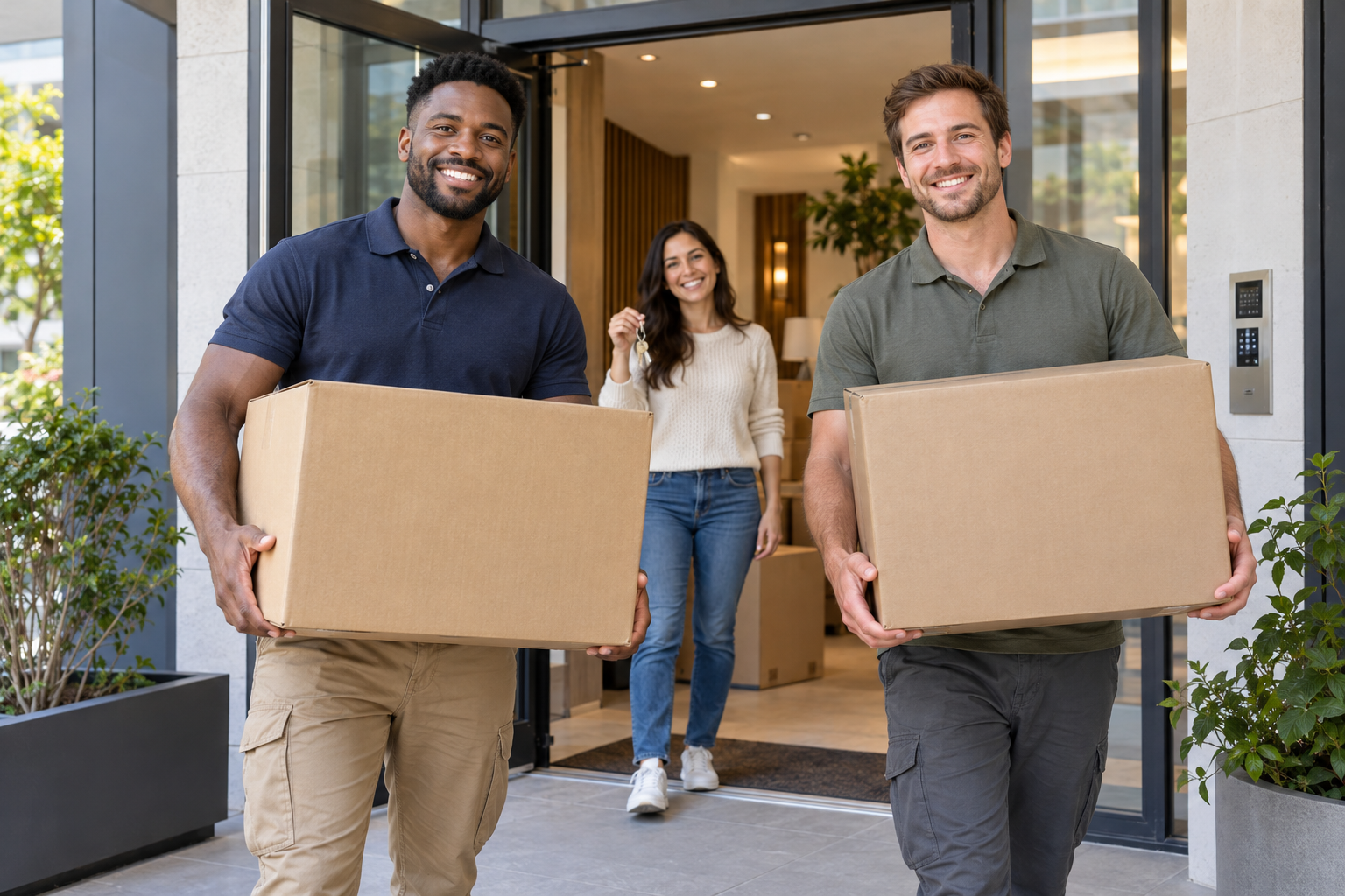 Helpers carrying moving boxes