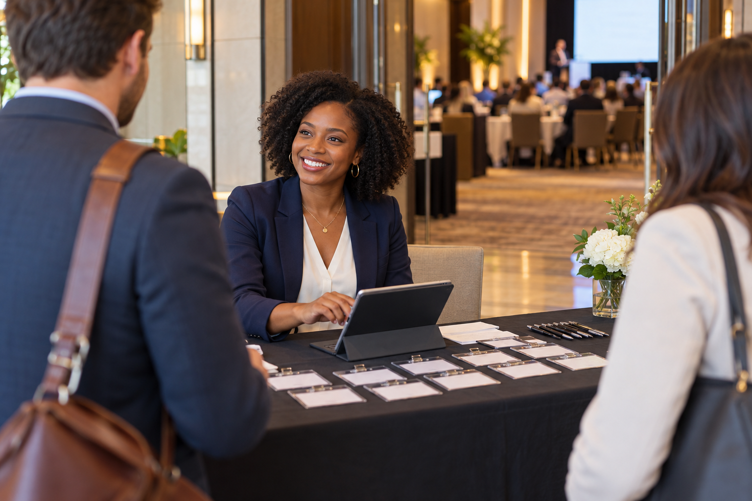 Assistant checking in guests at an event